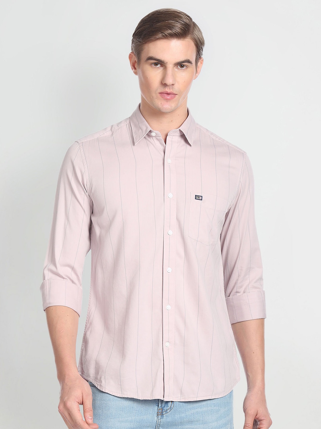 

Arrow Sport Slim Fit Vertical Strips Striped Spread Collar Casual Shirt, Pink