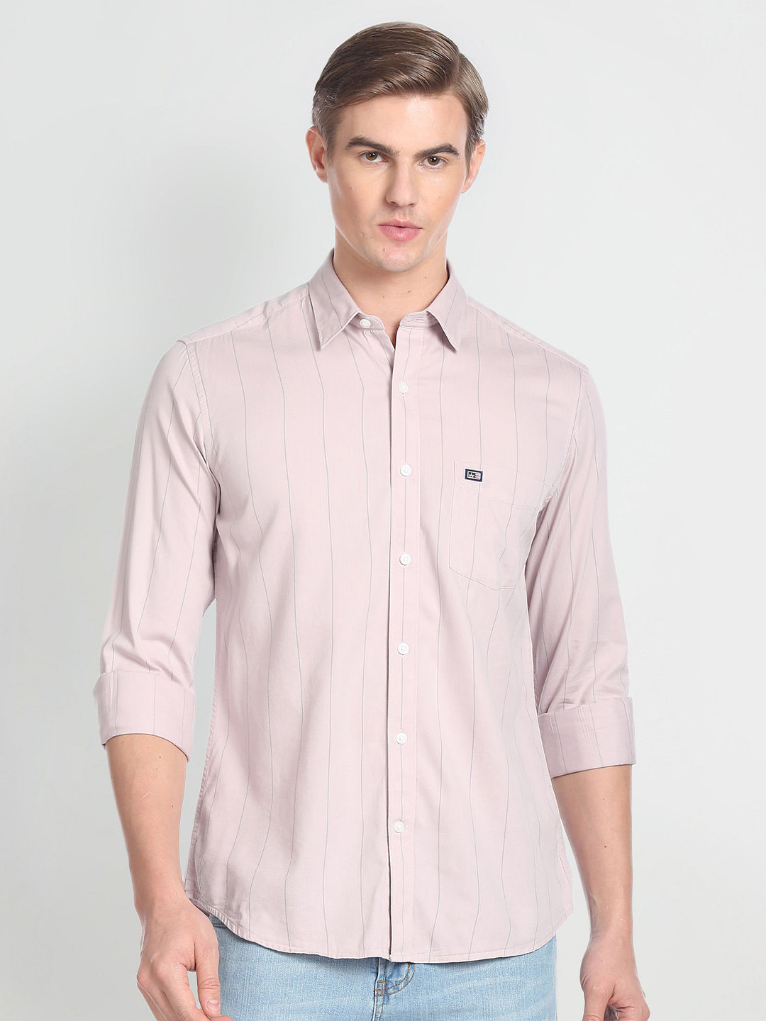 

Arrow Sport Slim Fit Strips Striped Spread Collar Casual Shirt, Pink