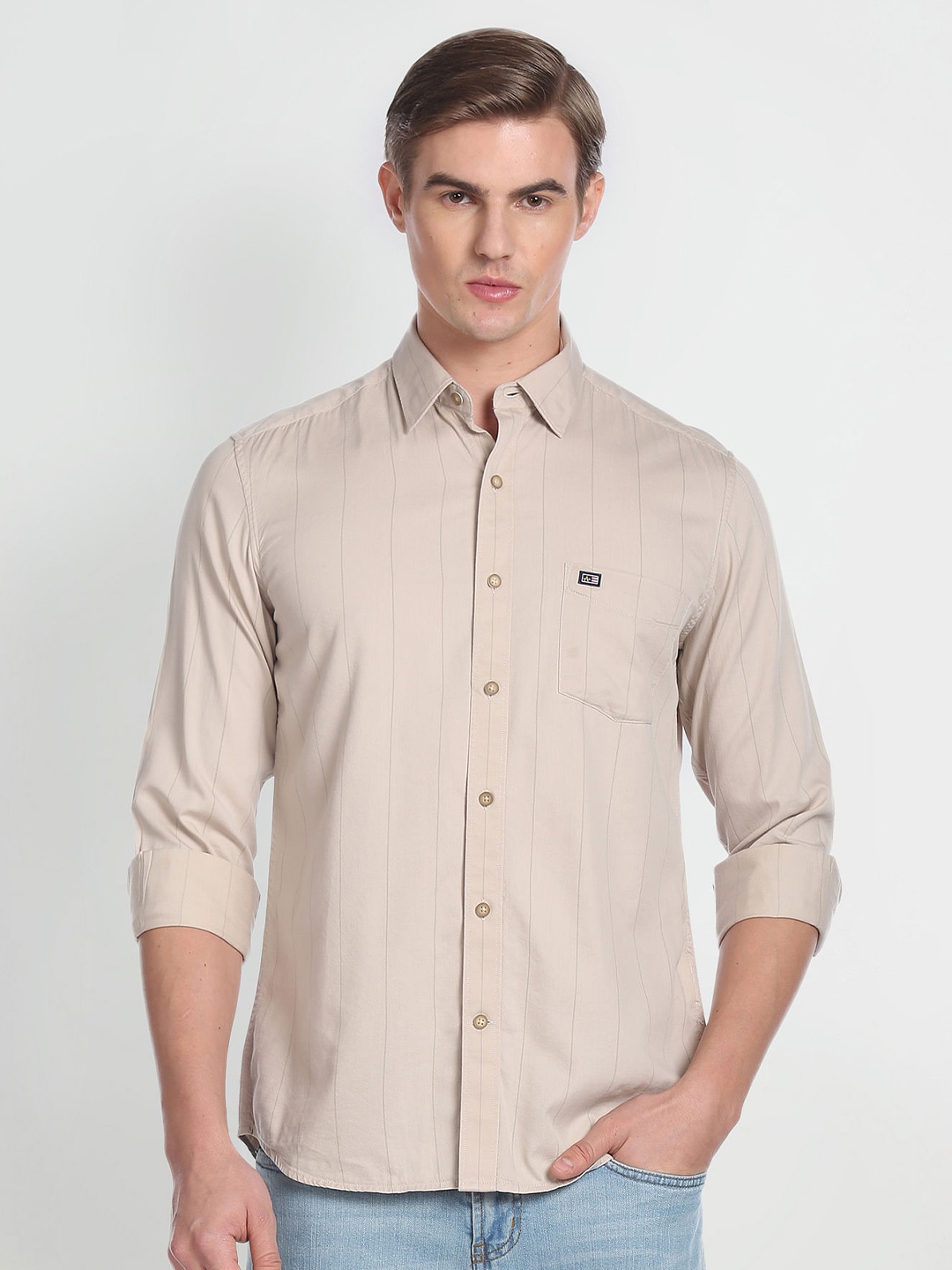 

Arrow Sport Striped Spread Collar Slim Fit Casual Shirt, Beige