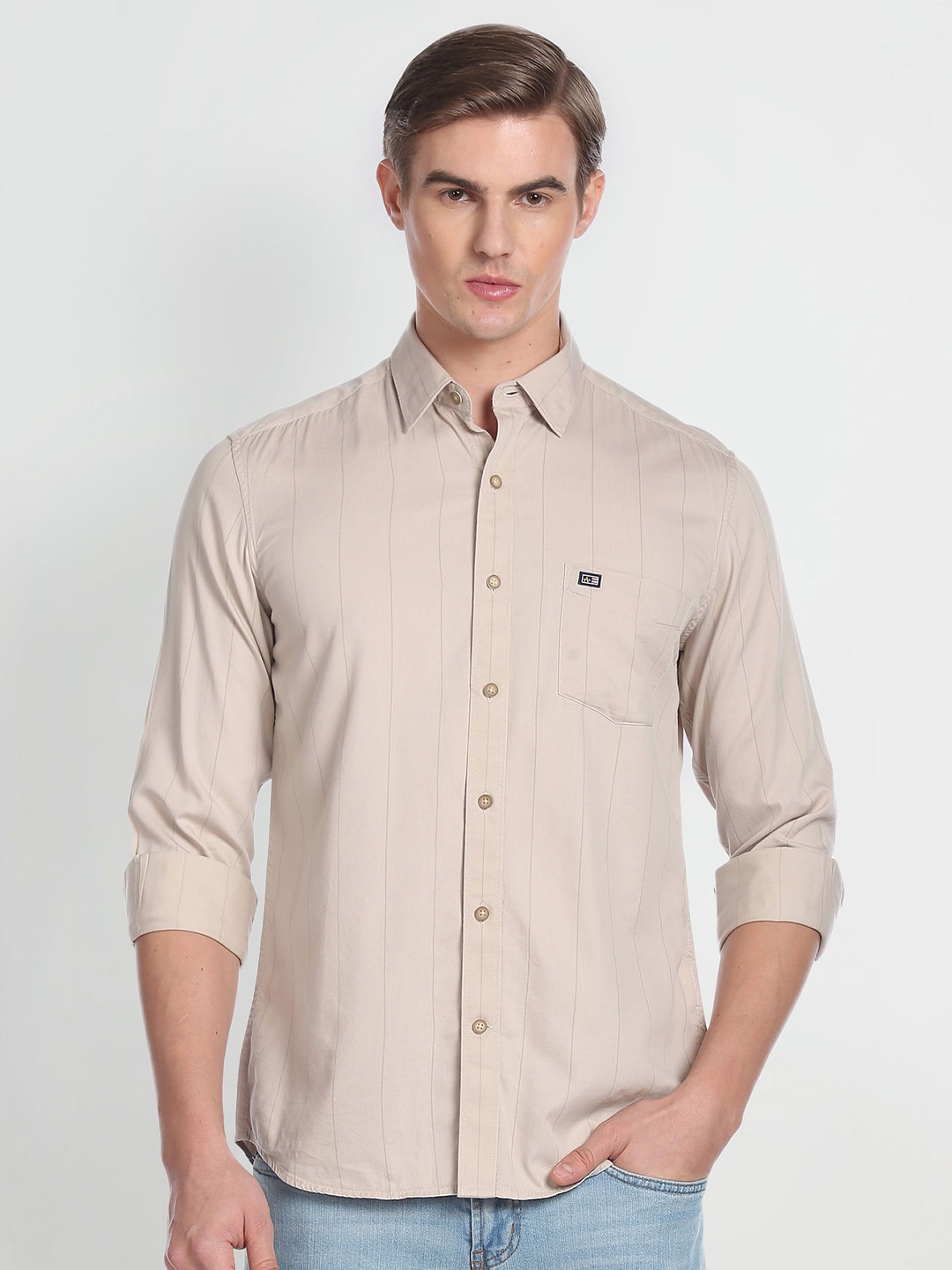 

Arrow Sport Striped Spread Collar Slim Fit Casual Shirt, Beige