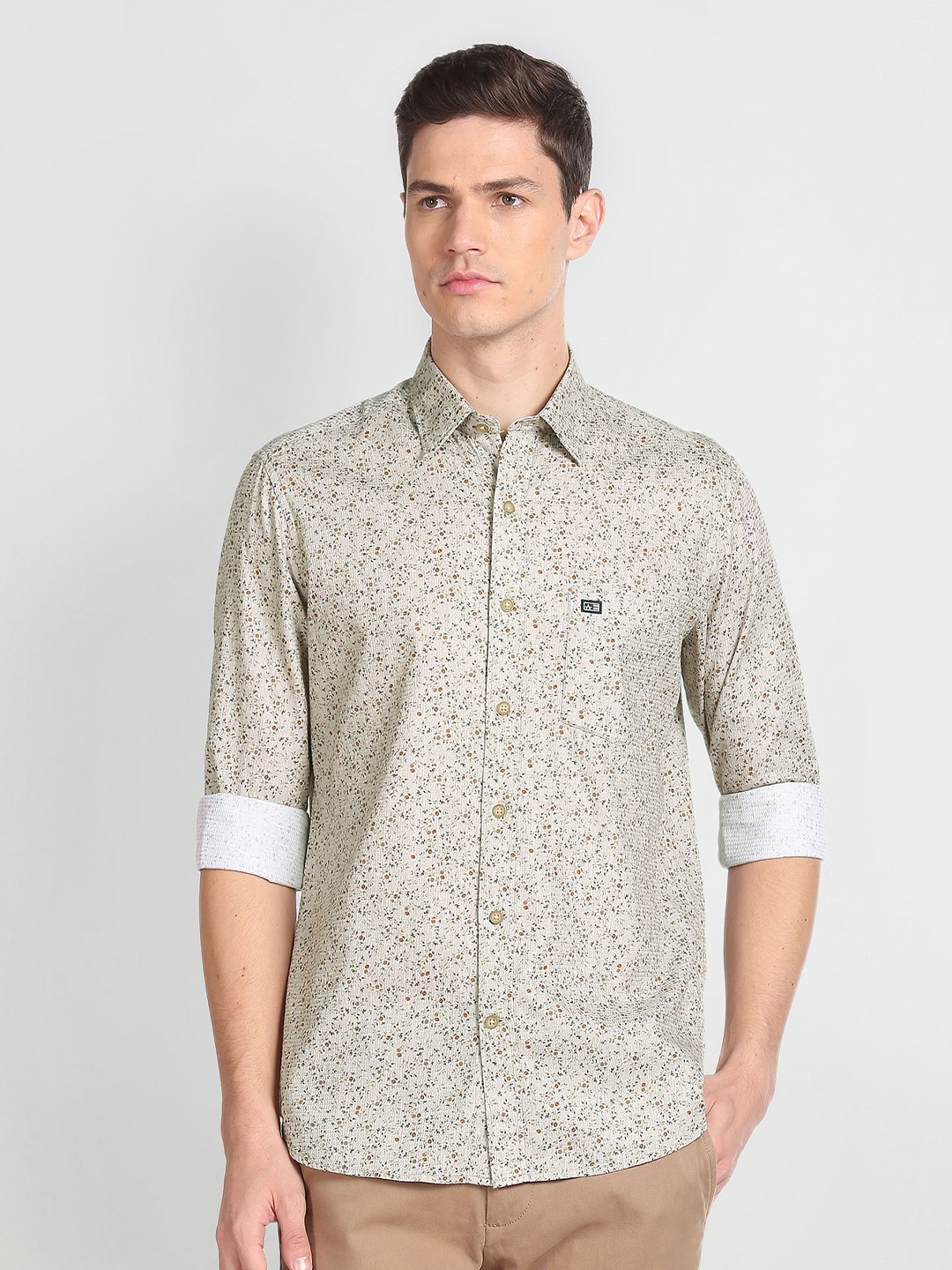 Arrow Sport Micro Ditsy Printed Spread Collar Cotton Slim Fit Casual Shirt, Cream