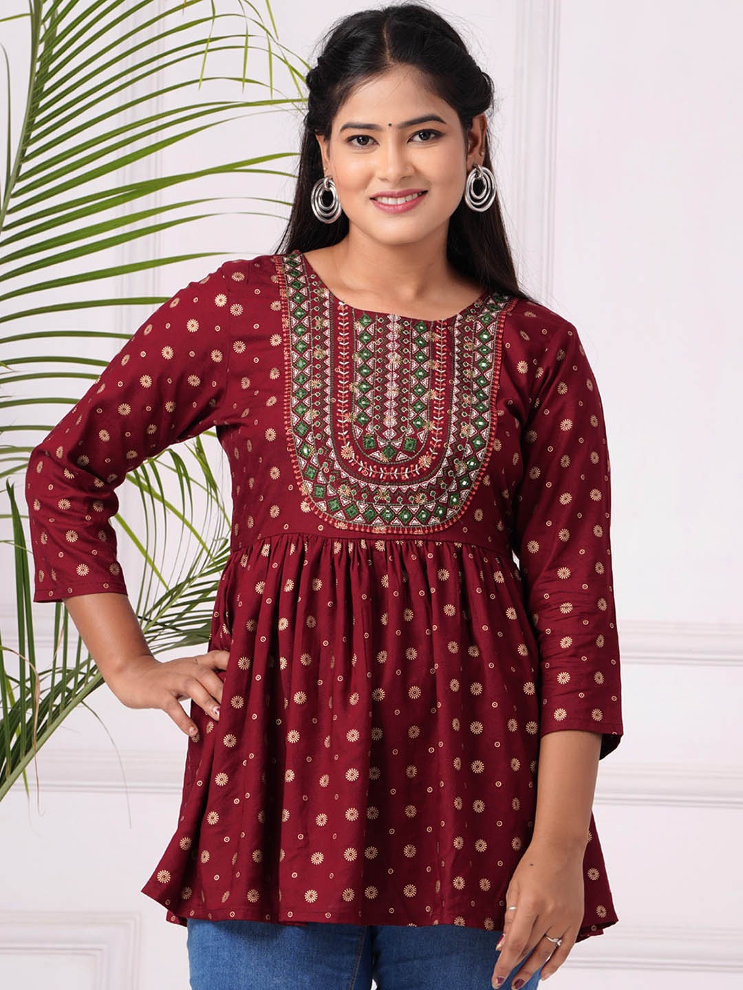 

PREKSHA Ethnic Motifs Printed Mirror Work Kurti, Maroon