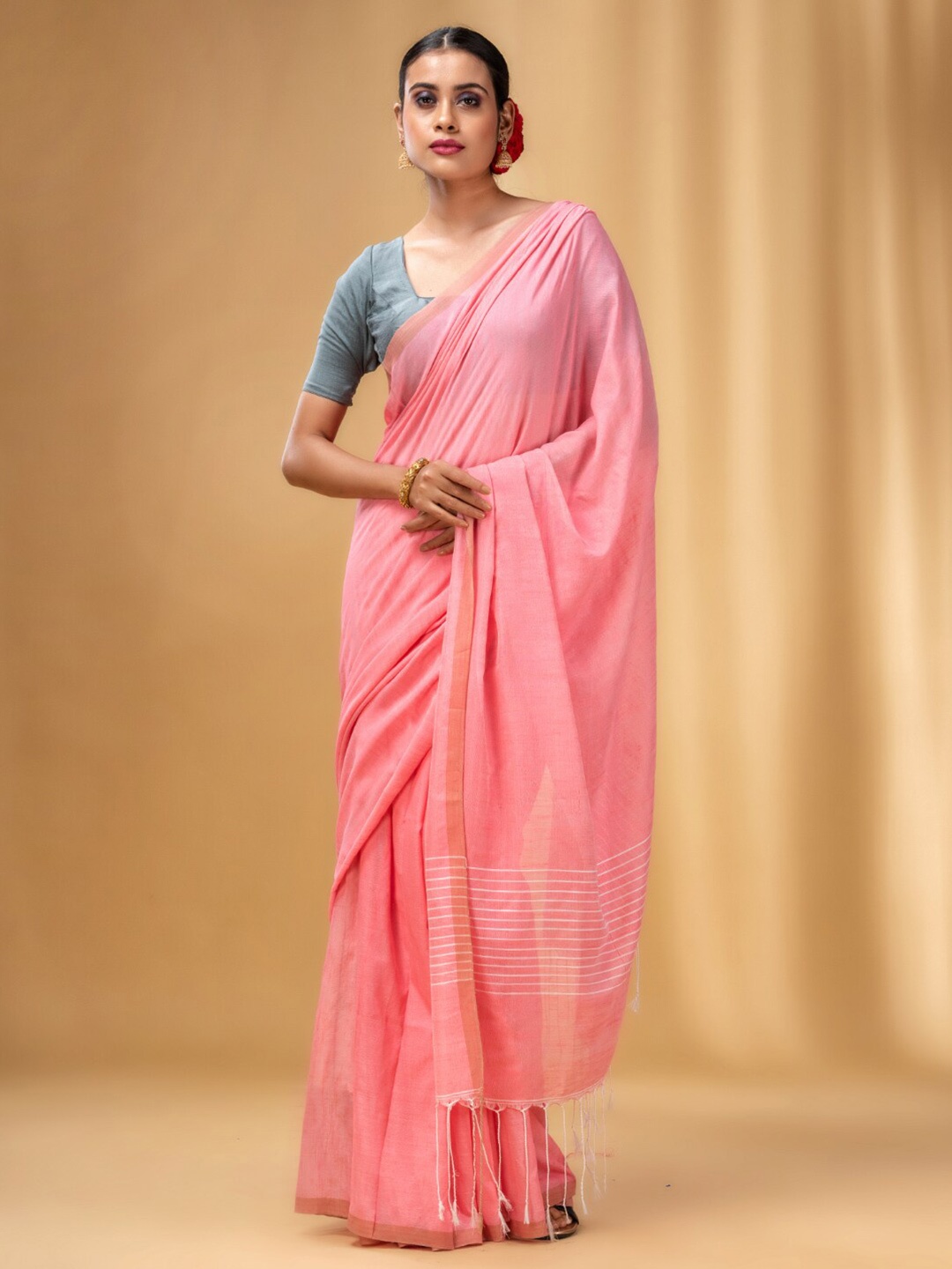 

Charukriti Tasseled Pure Cotton Saree, Pink
