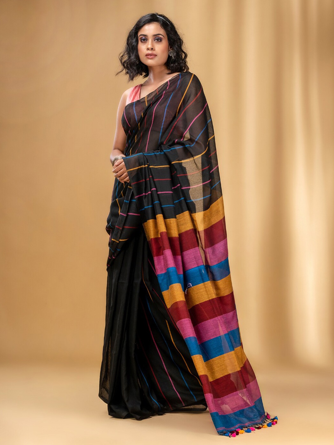 

Charukriti Striped Pure Cotton Saree, Black