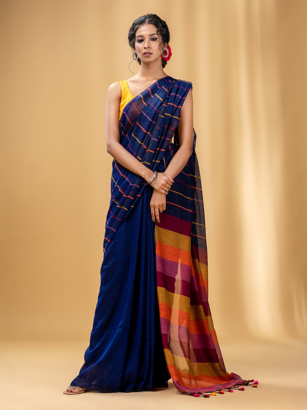 

Charukriti Striped Pure Cotton Saree, Blue