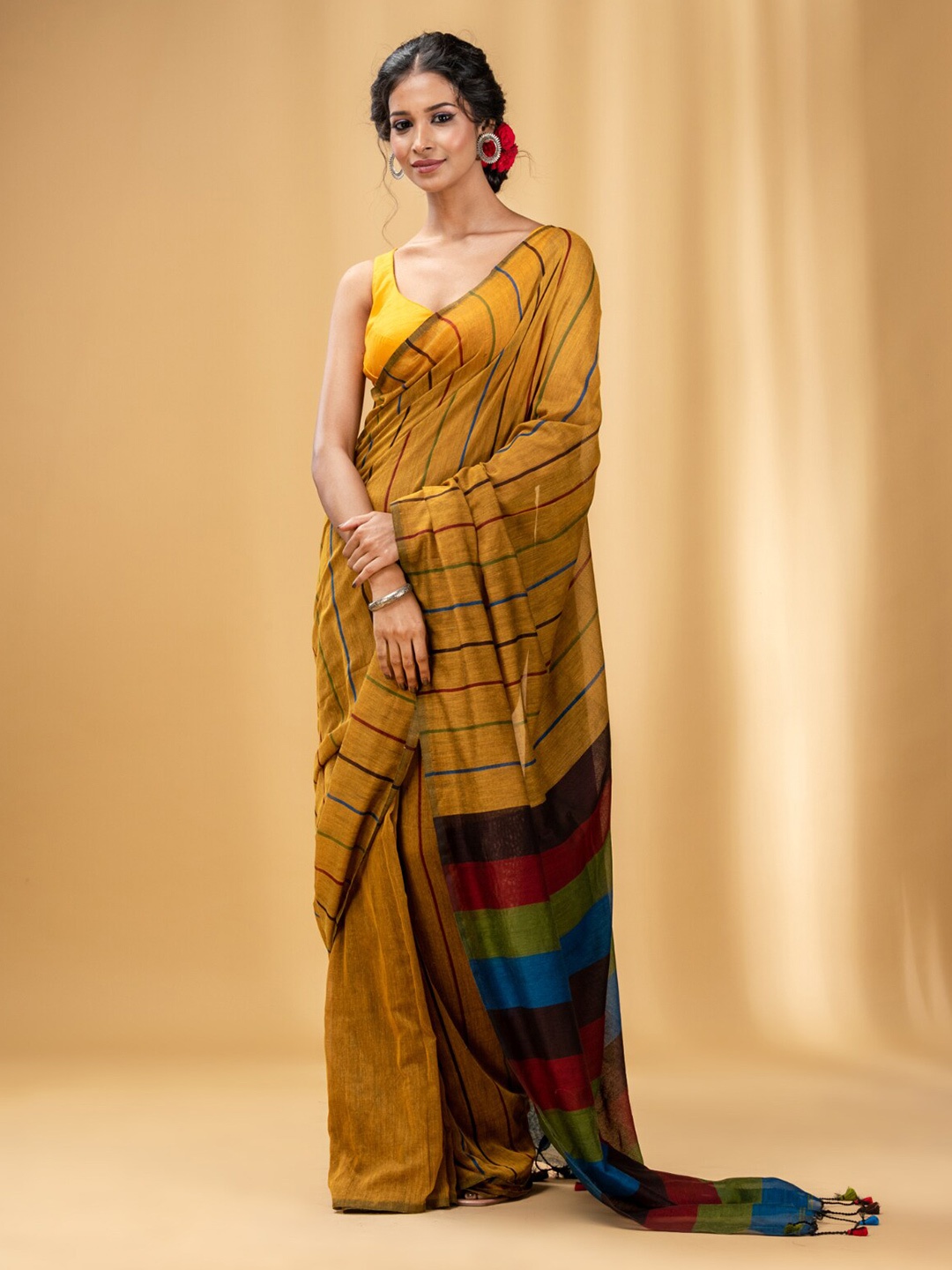 

Charukriti Striped Pure Cotton Saree, Mustard