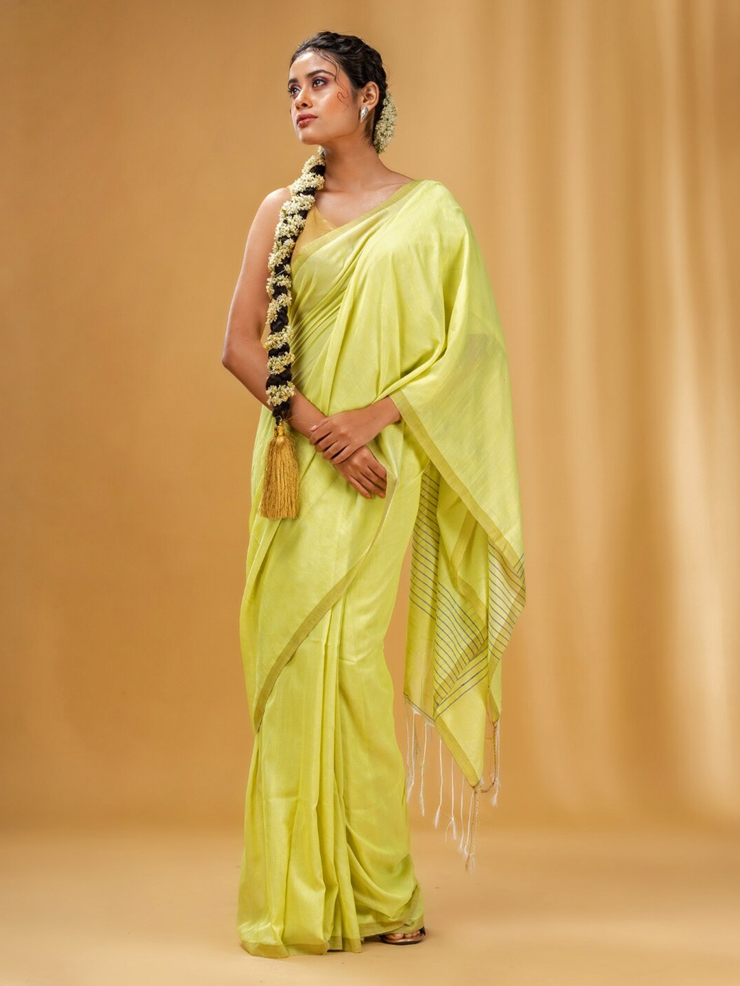 

Charukriti Tasseled Pure Cotton Saree, Lime green