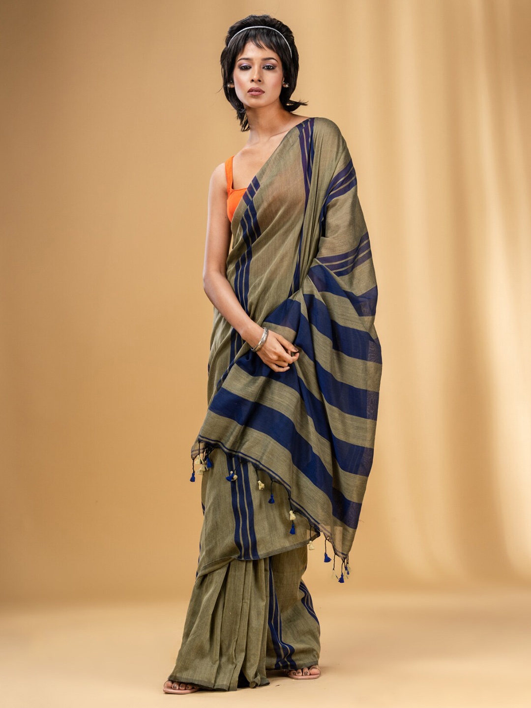 Charukriti Striped Pure Cotton Saree, Beige
