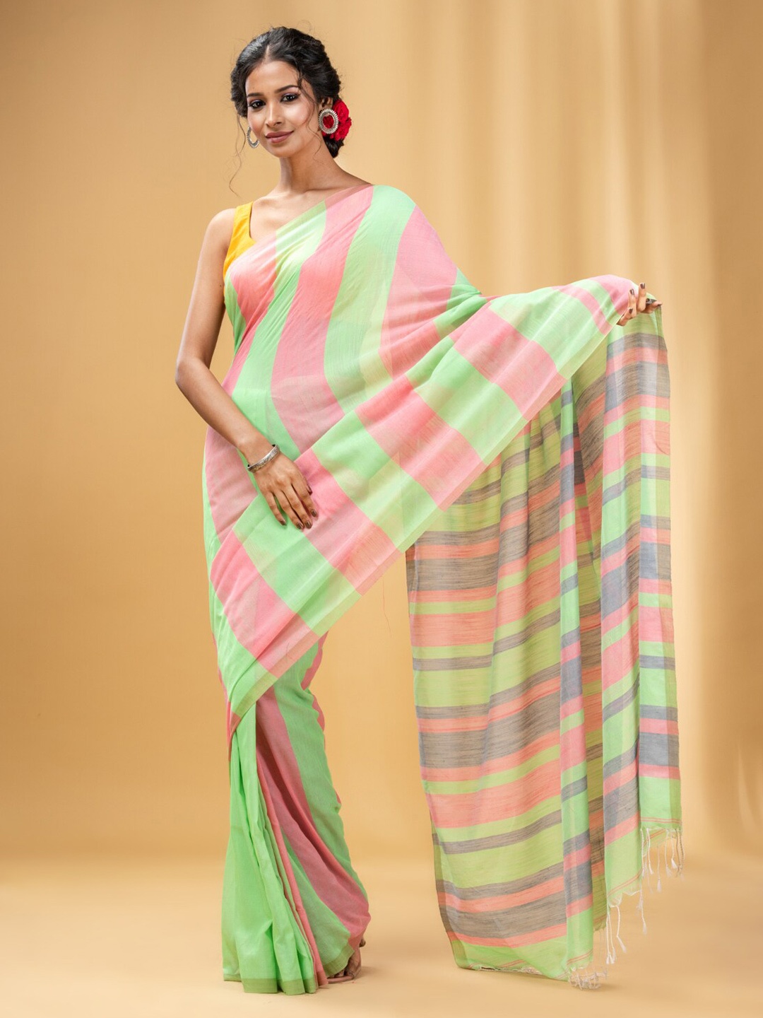 

Charukriti Striped Pure Cotton Saree, Green