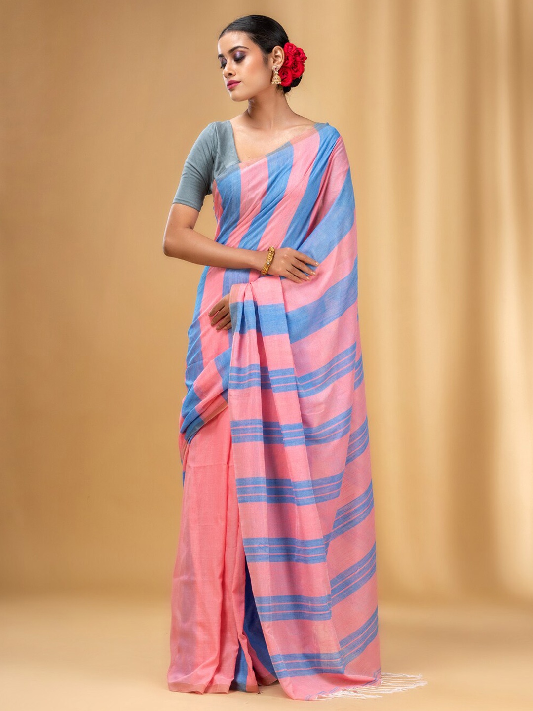 

Charukriti Striped Pure Cotton Saree, Pink