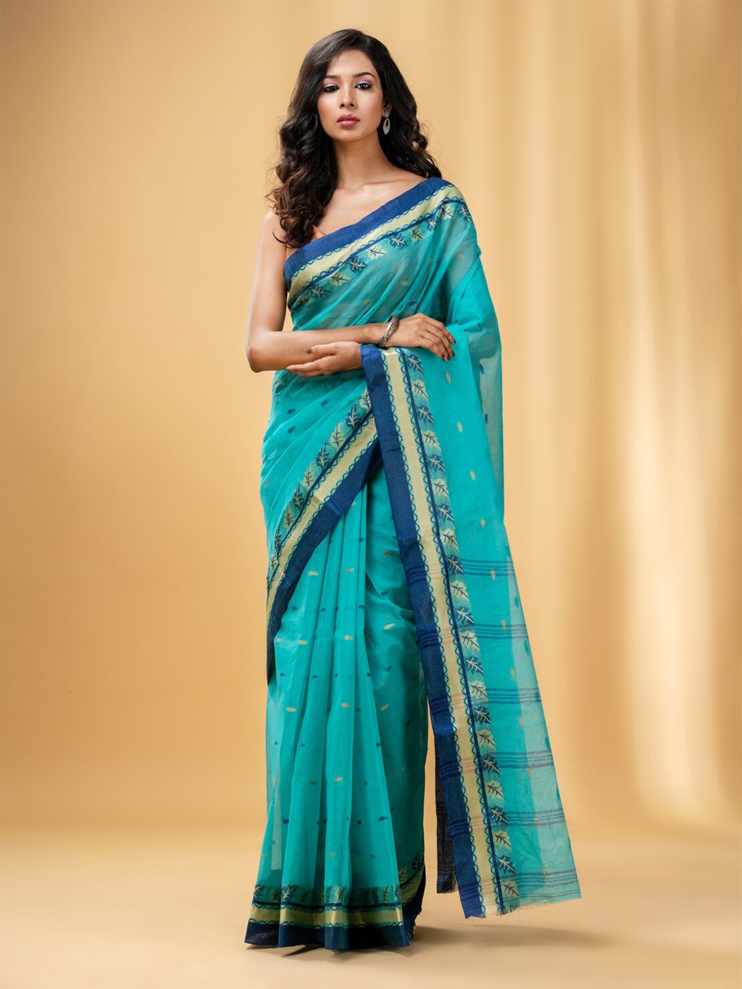 

Charukriti Ethnic Motifs Woven Design Zari Pure Cotton Taant Saree, Blue