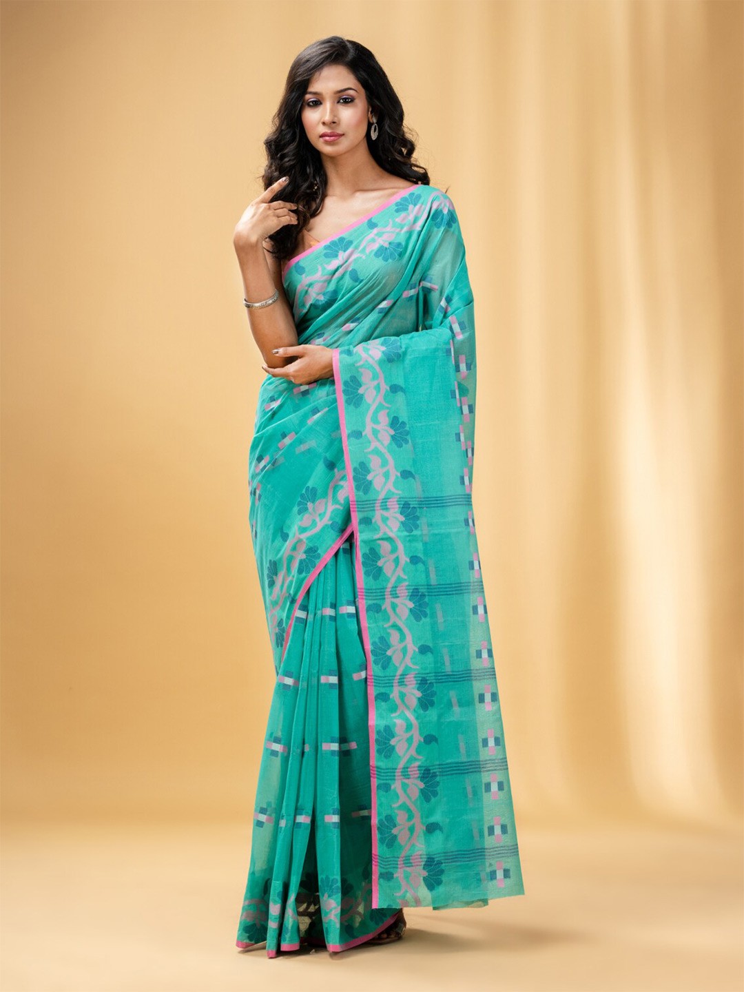 

Charukriti Ethnic Motifs Woven Design Pure Cotton Taant Saree, Sea green
