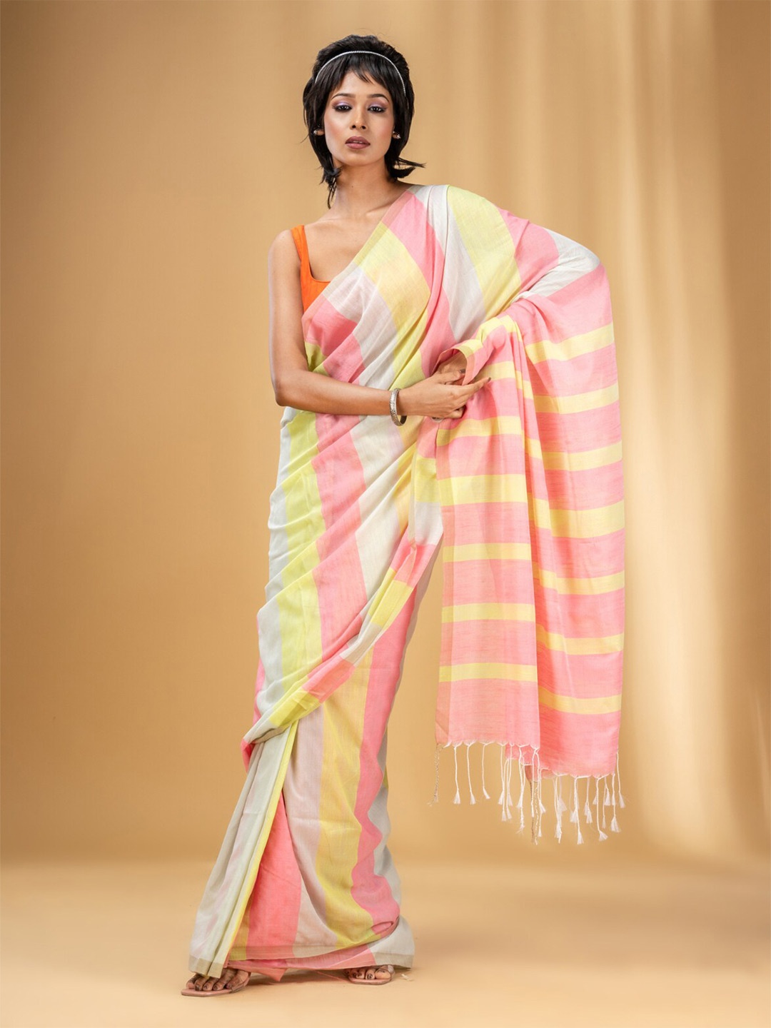 

Charukriti Striped Pure Cotton Saree, Pink
