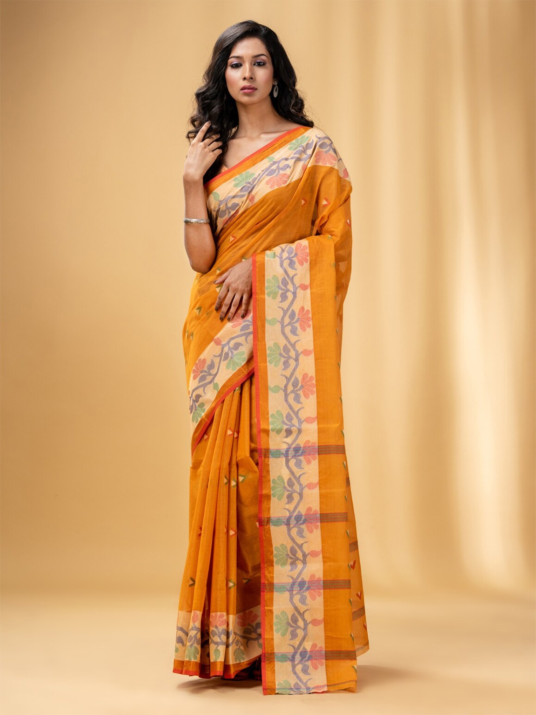 

Charukriti Woven Design Pure Cotton Taant Saree, Mustard