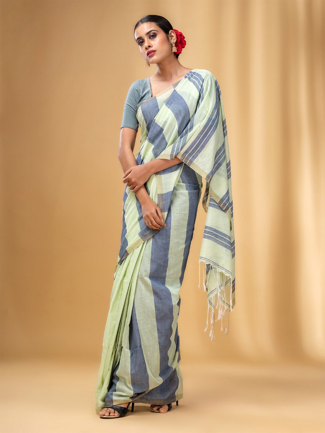 

Charukriti Striped Tasseled Pure Cotton Saree, Green