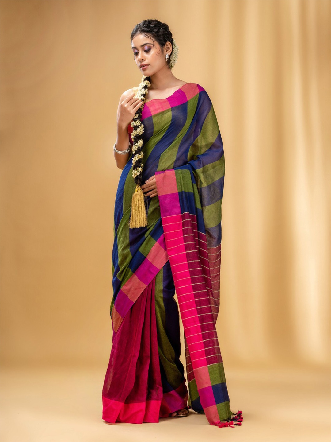 

Charukriti Striped Tasseled Zari Pure Cotton Saree, Blue