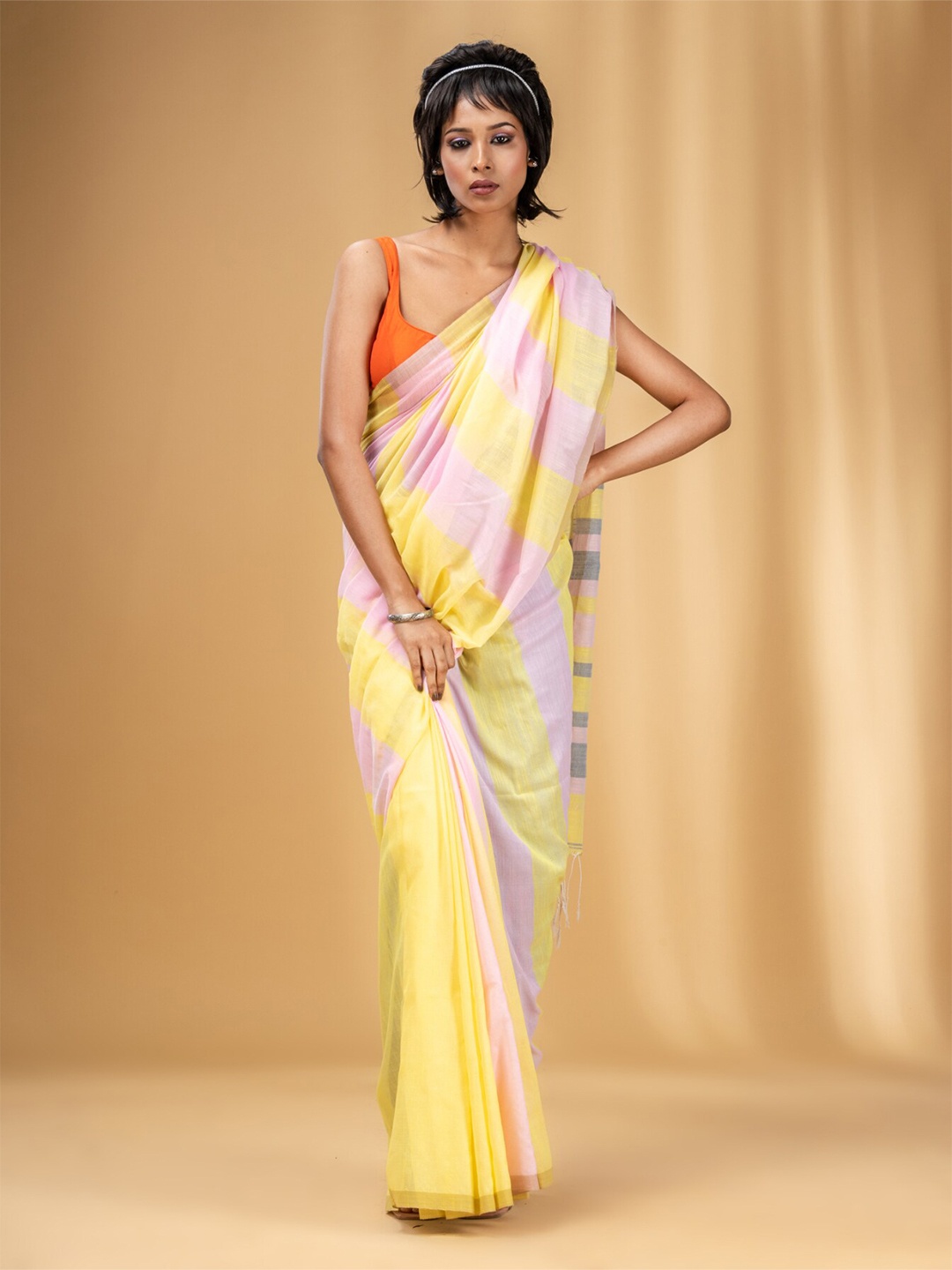 

Charukriti Striped Pure Cotton Saree, Yellow