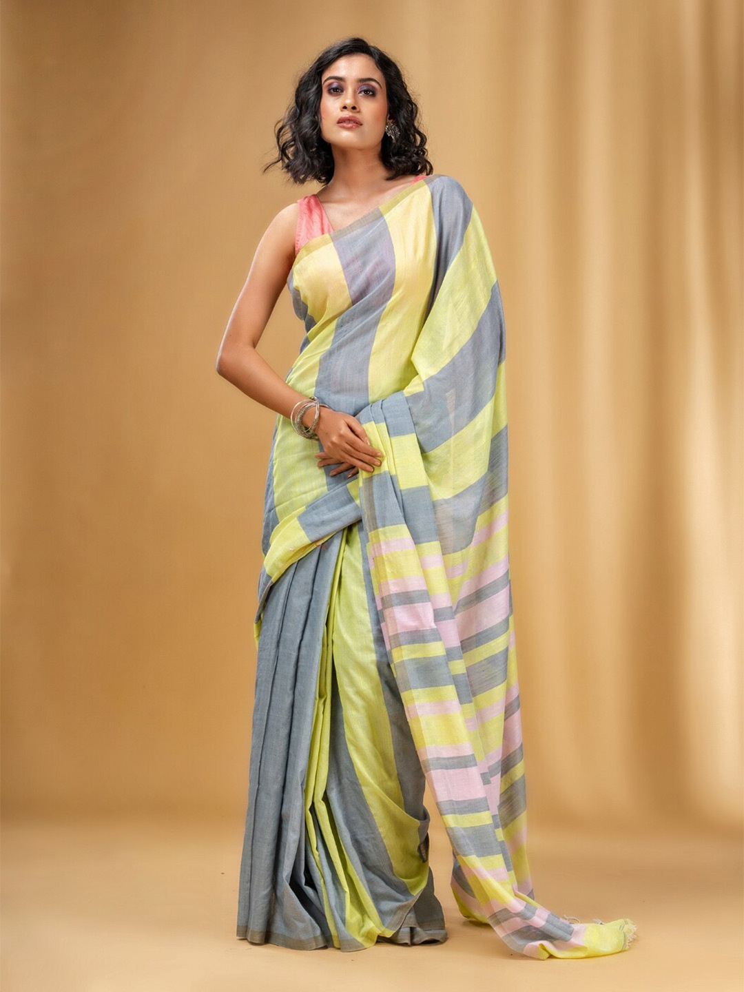

Charukriti Striped Pure Cotton Saree, Yellow