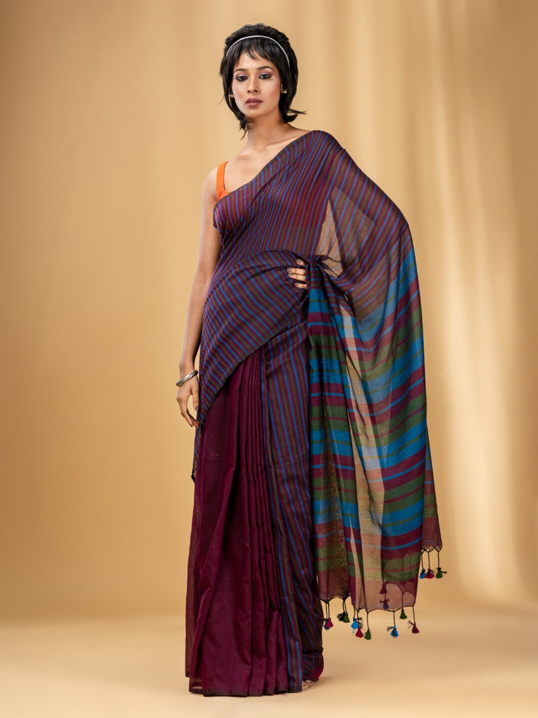 

Charukriti Striped Pure Cotton Saree, Purple