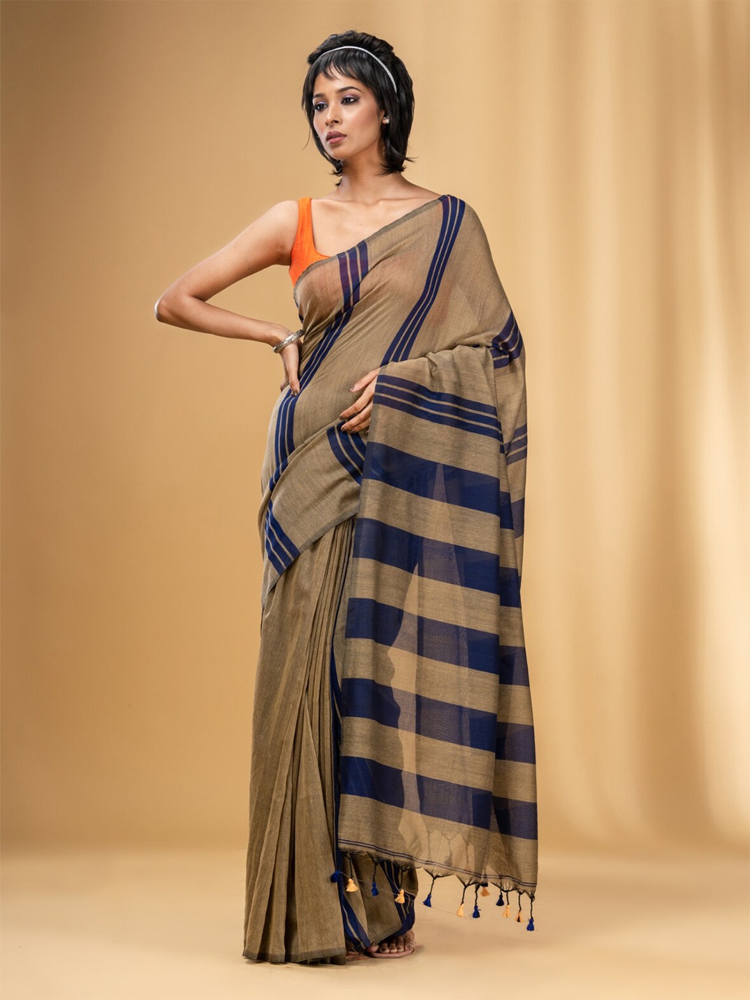 Charukriti Striped Tasseled Pure Cotton Saree, Beige