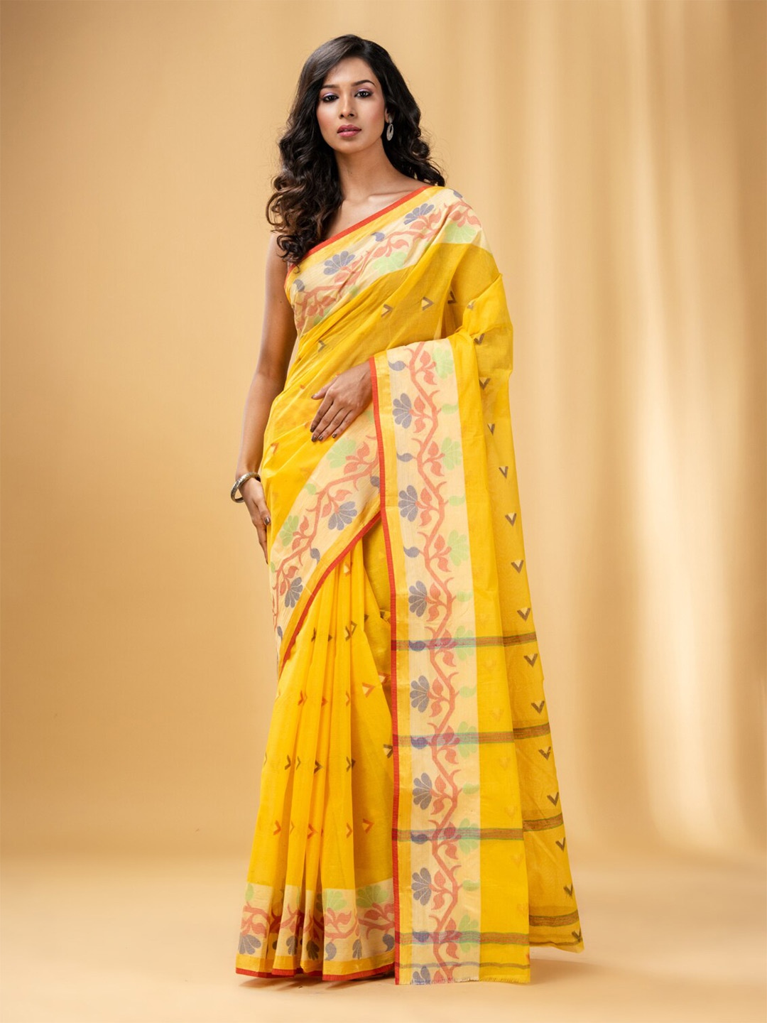 

Charukriti Floral Woven Design Pure Cotton Taant Saree, Yellow