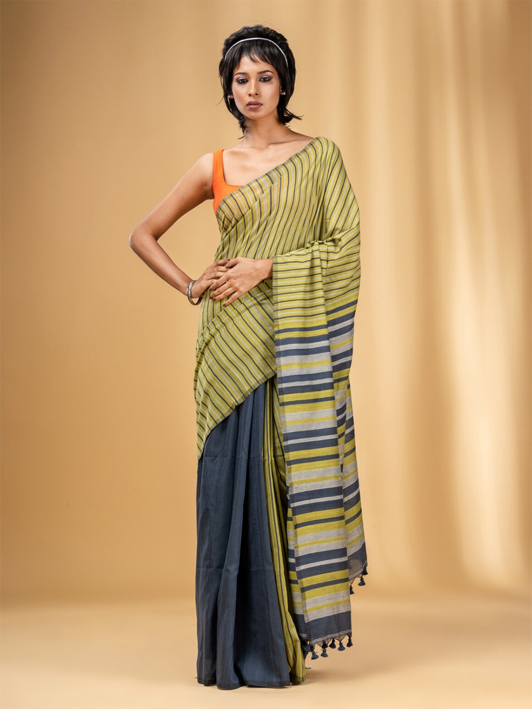 

Charukriti Striped Pure Cotton Half and Half Saree, Lime green