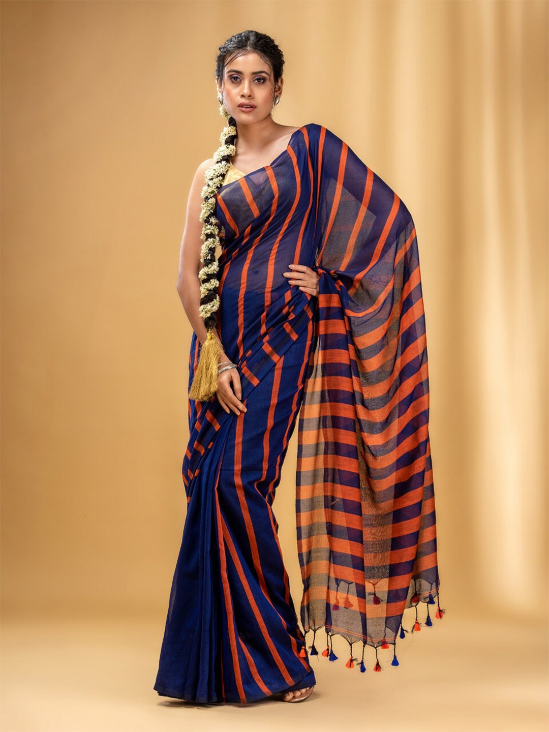 Charukriti Striped Pure Cotton Saree, Navy blue