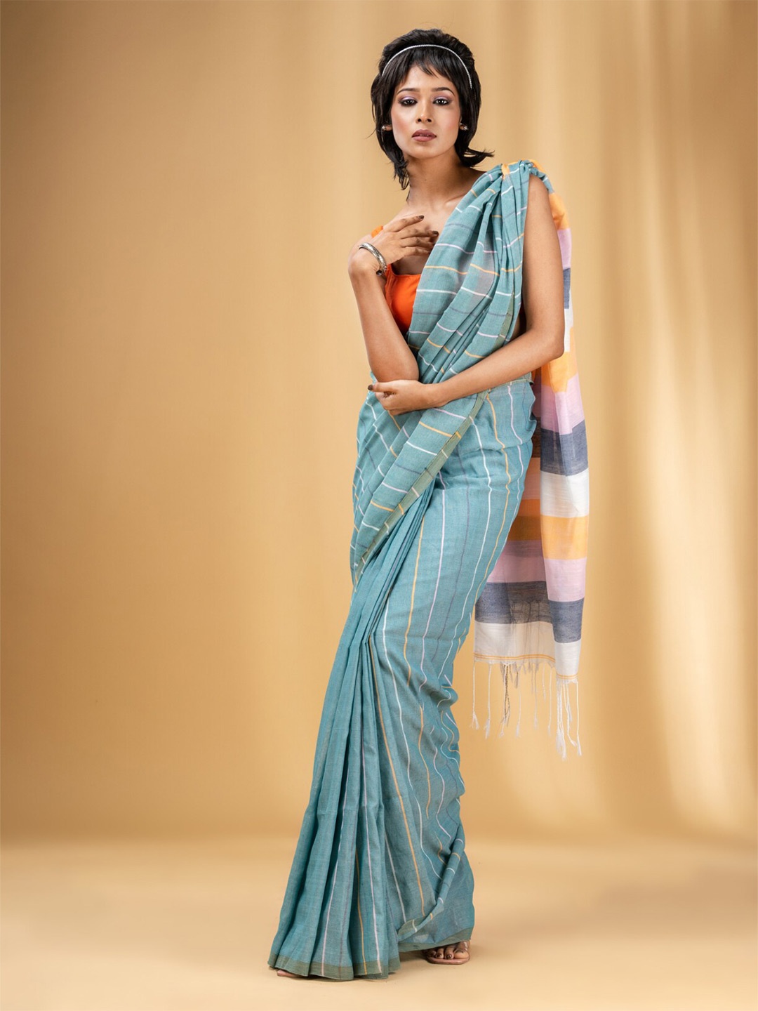 

Charukriti Striped Tasseled Pure Cotton Saree, Green