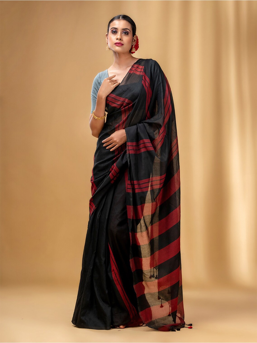 

Charukriti Striped Tasseled Pure Cotton Saree, Black