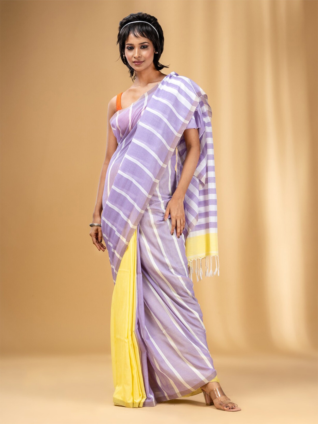 

Charukriti Striped Pure Cotton Saree, Lavender