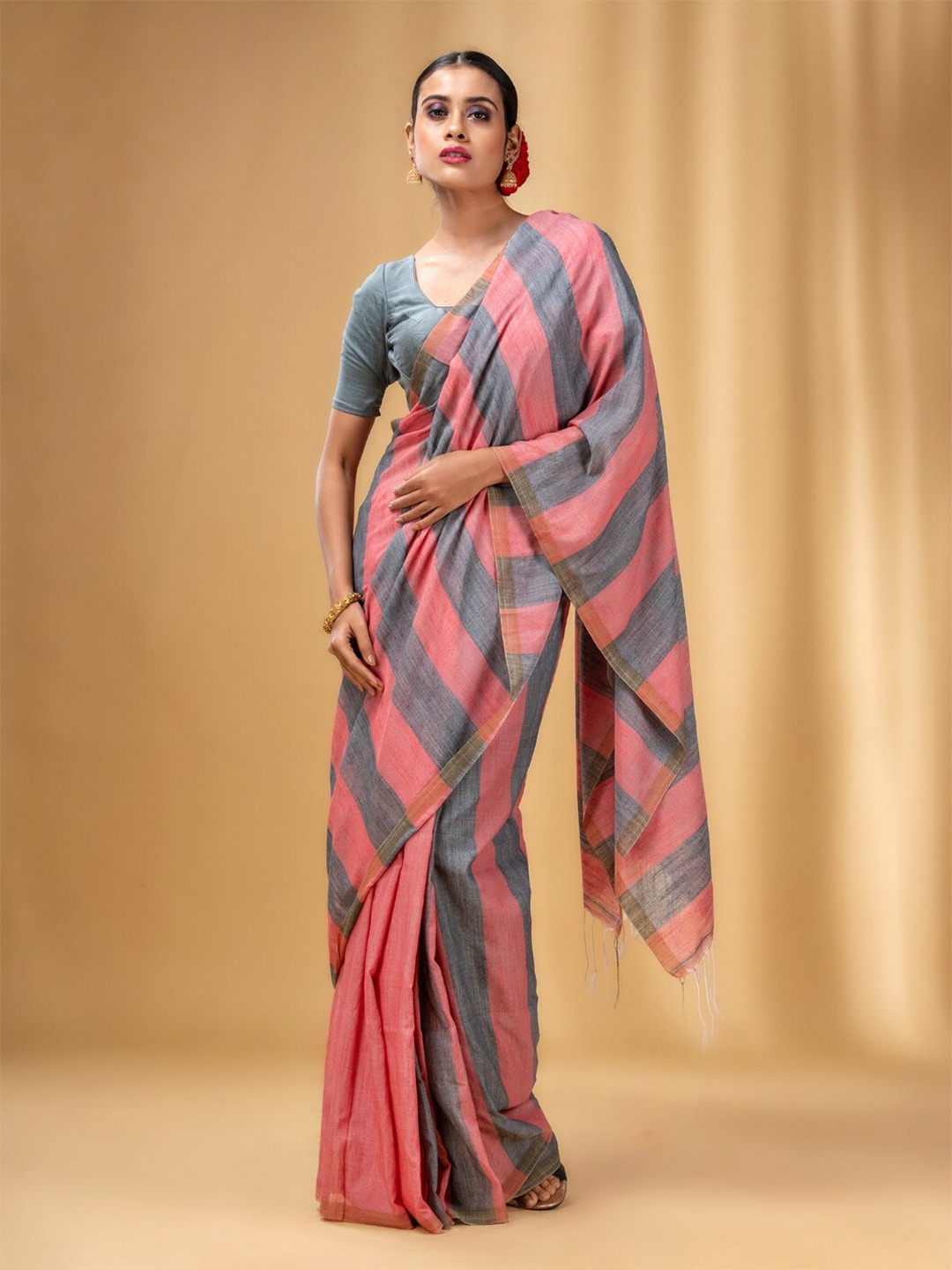 

Charukriti Striped Pure Cotton Saree, Red