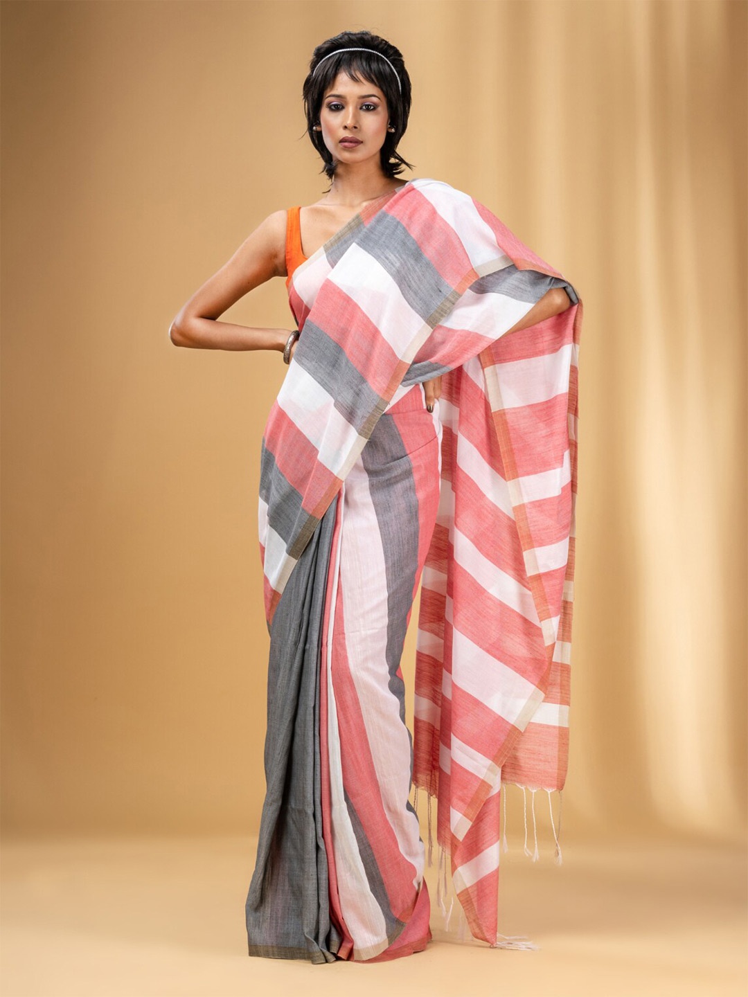 

Charukriti Striped Pure Cotton Saree, Grey