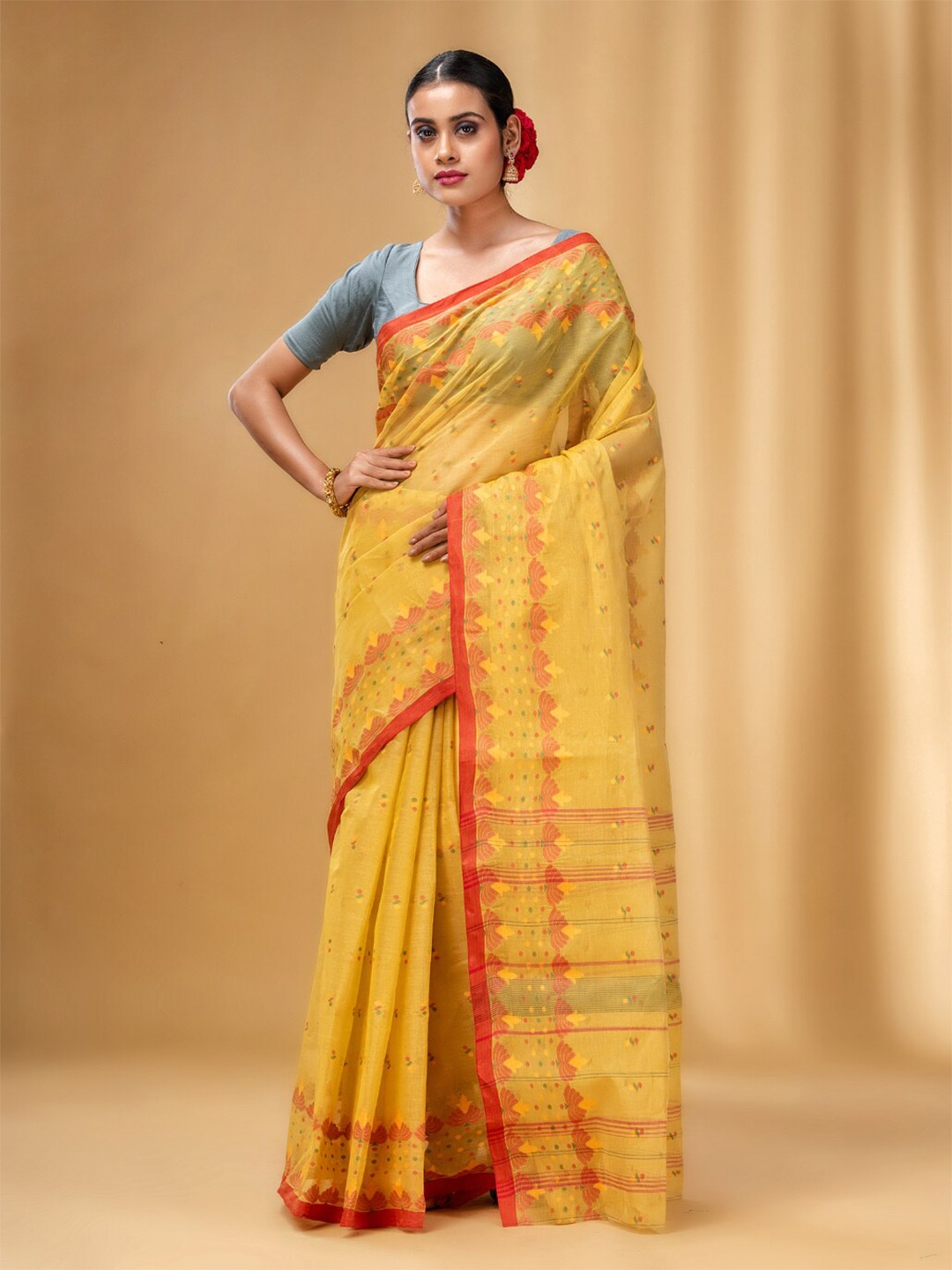 

Charukriti Woven Design Pure Cotton Taant Saree, Yellow
