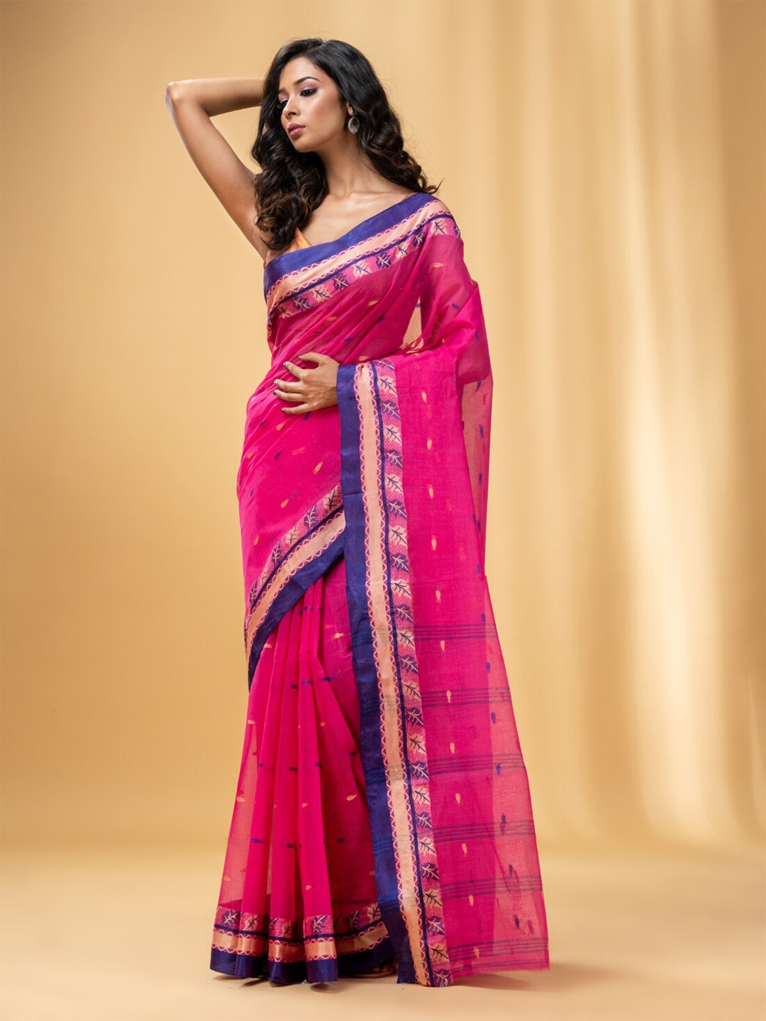 

Charukriti Ethnic Motifs Woven Design Pure Cotton Taant Saree, Pink