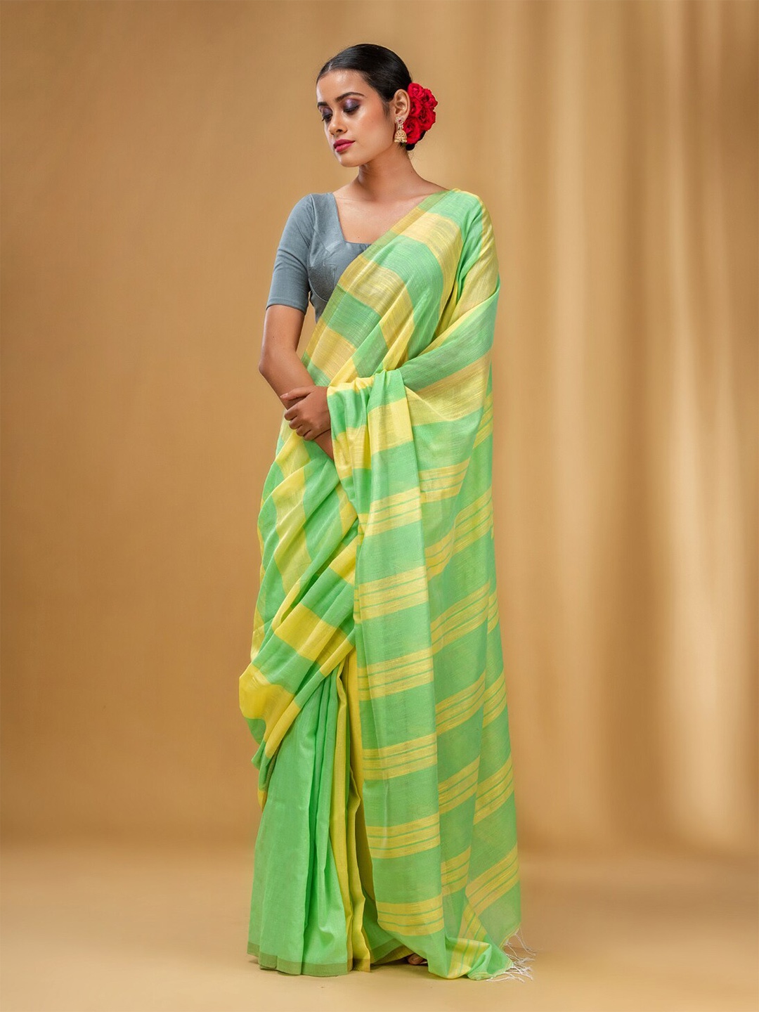 

Charukriti Striped Pure Cotton Saree, Green