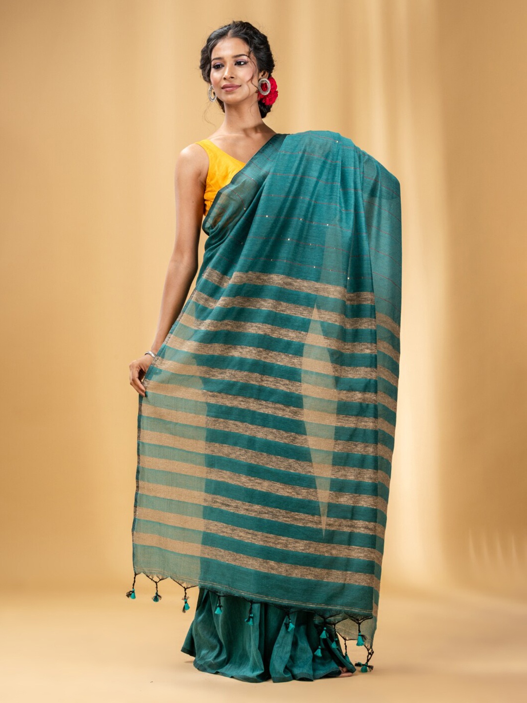 

Charukriti Woven Design Sequined Pure Cotton Saree, Teal