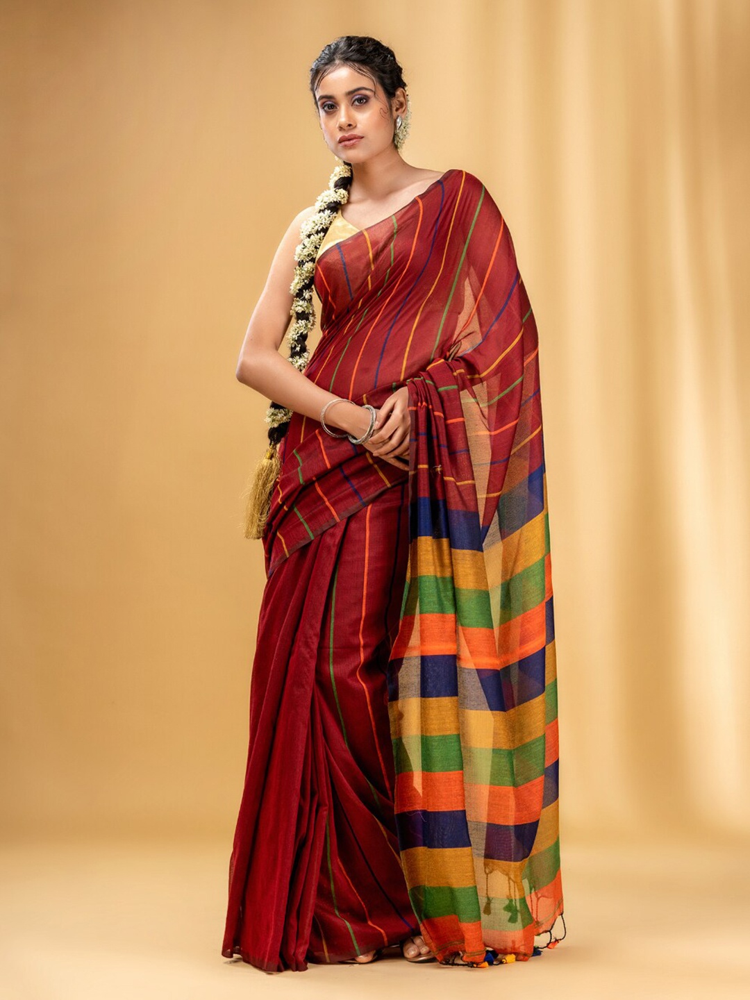 

Charukriti Striped Pure Cotton Saree, Red