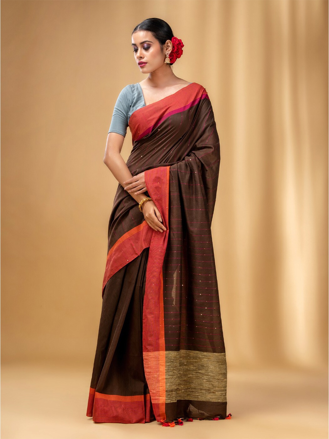 

Charukriti Striped Sequined Pure Cotton Saree, Brown