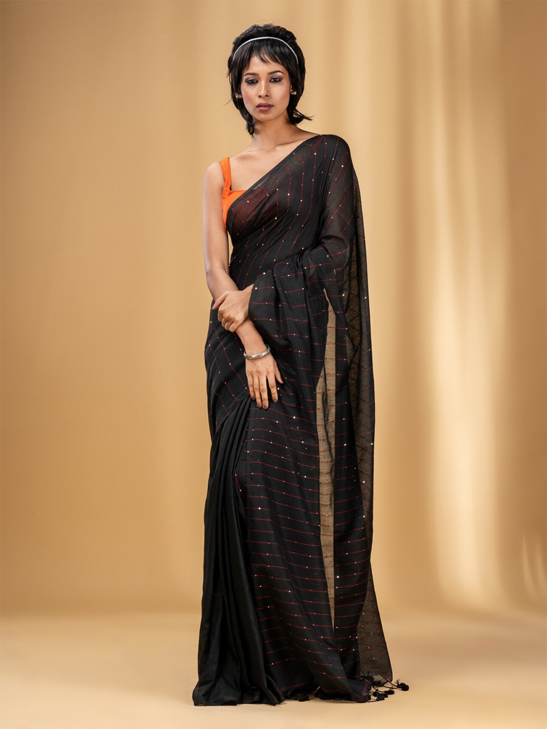 

Charukriti Striped Sequined Pure Cotton Saree, Black
