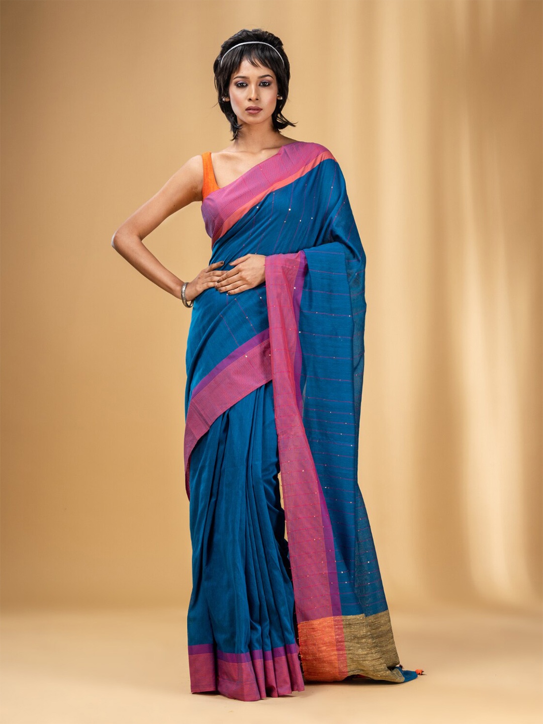 

Charukriti Striped Sequinned Pure Cotton Saree, Blue
