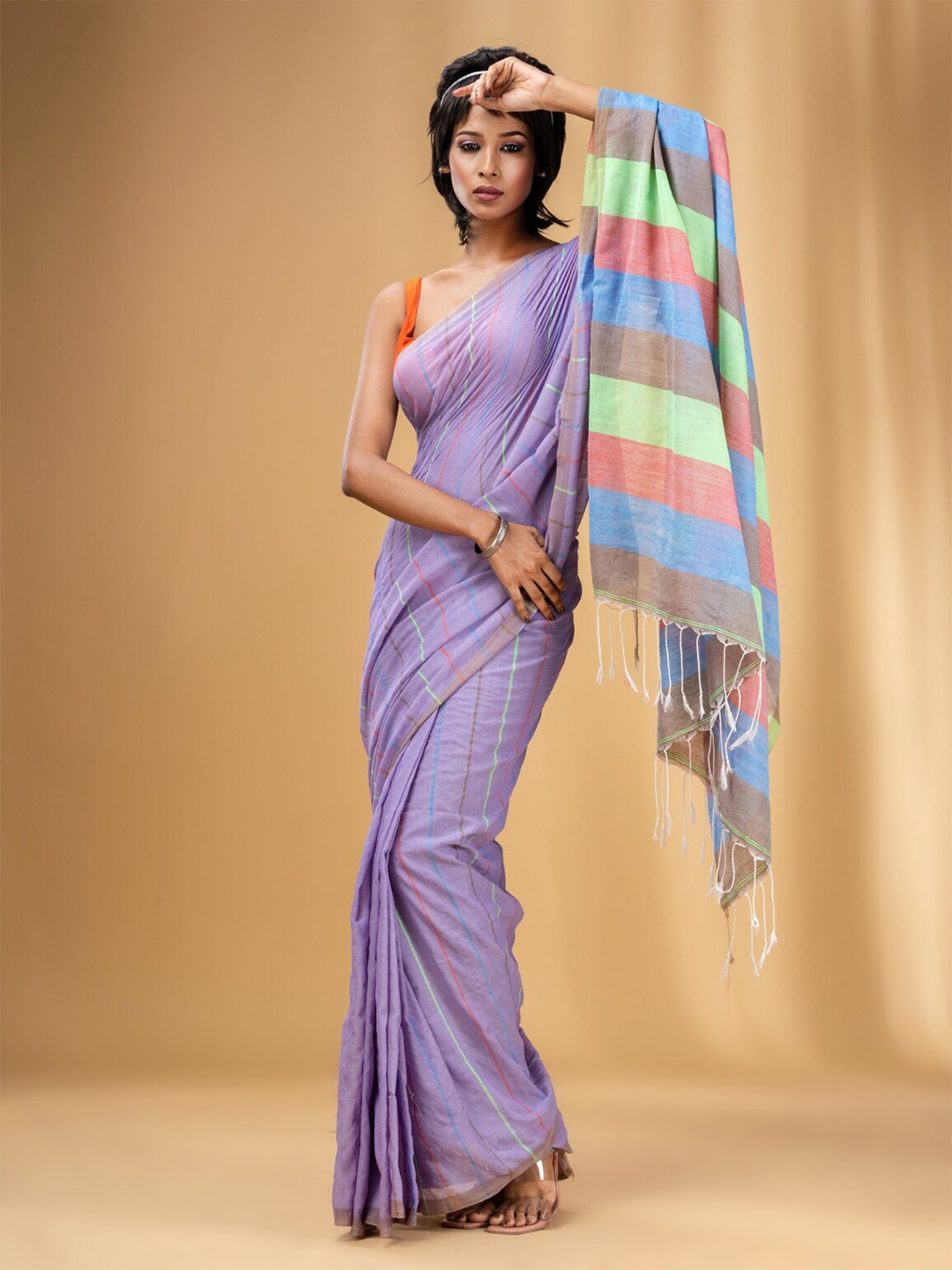 

Charukriti Striped Pure Cotton Saree, Violet