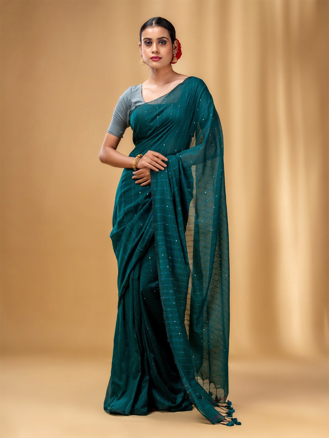 

Charukriti Striped Sequined Pure Cotton Saree, Teal