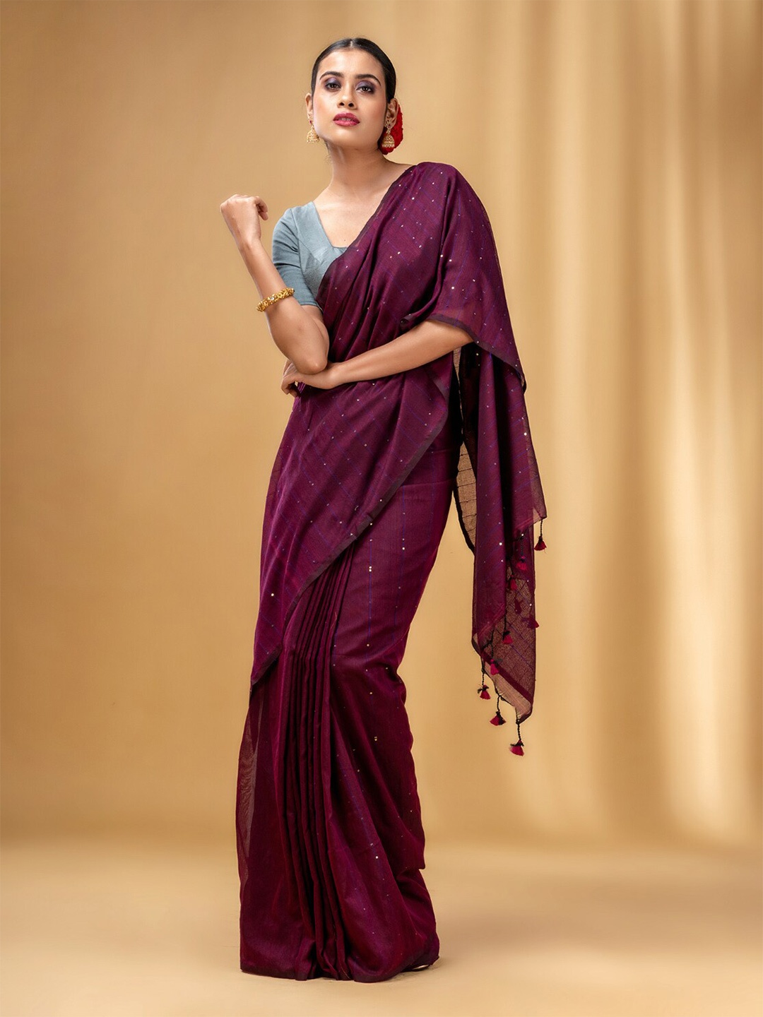 

Charukriti Striped Sequinned Pure Cotton Saree, Purple