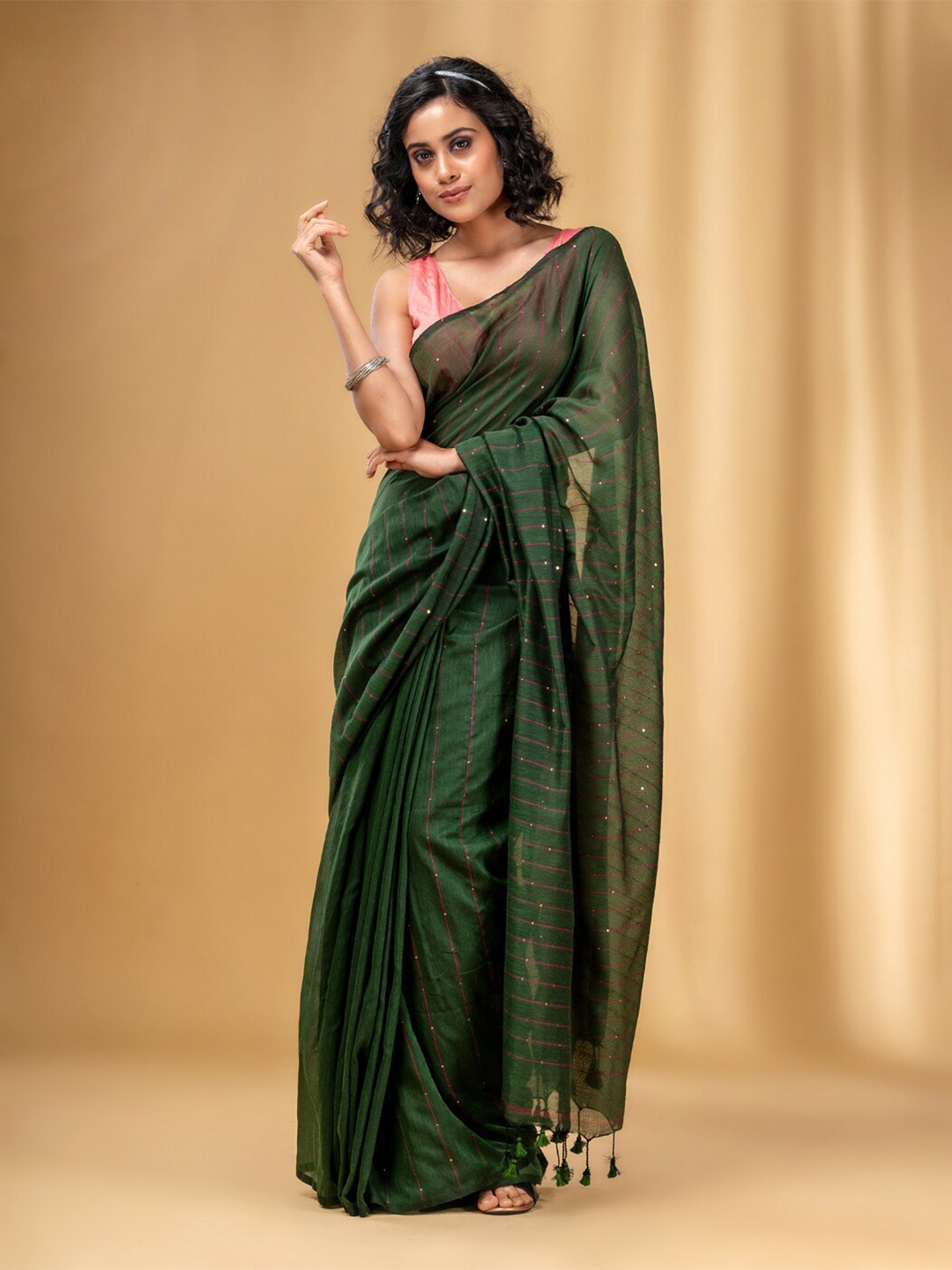 

Charukriti Striped Sequinned Pure Cotton Saree, Green