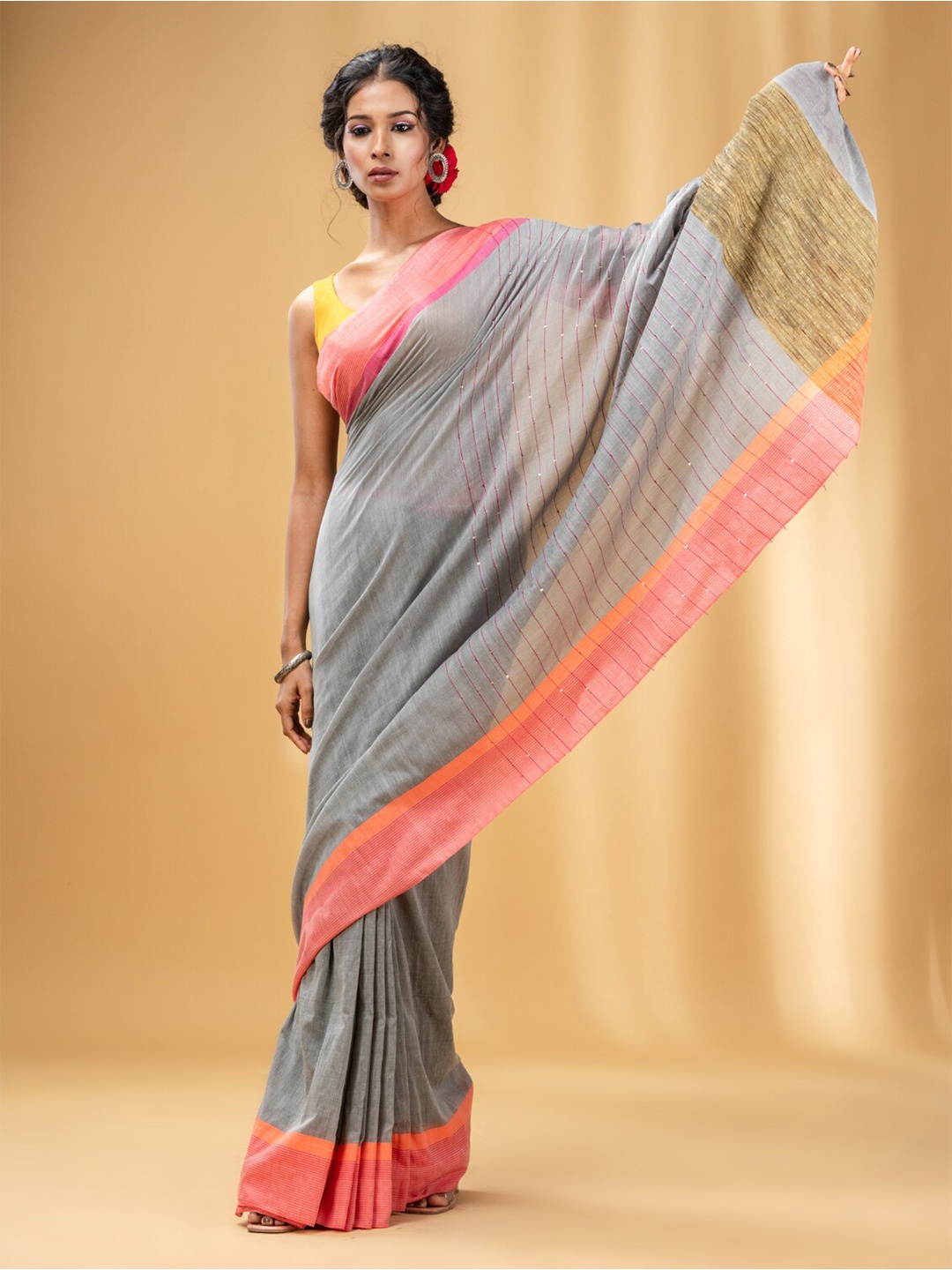 

Charukriti Striped Sequinned Pure Cotton Saree, Grey