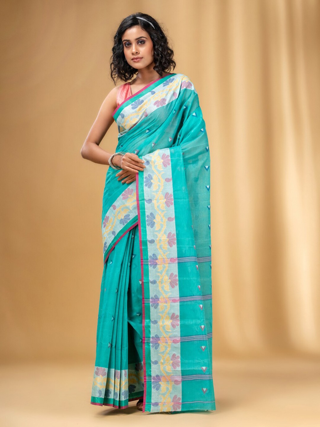 

Charukriti Woven Design Pure Cotton Taant Saree, Sea green