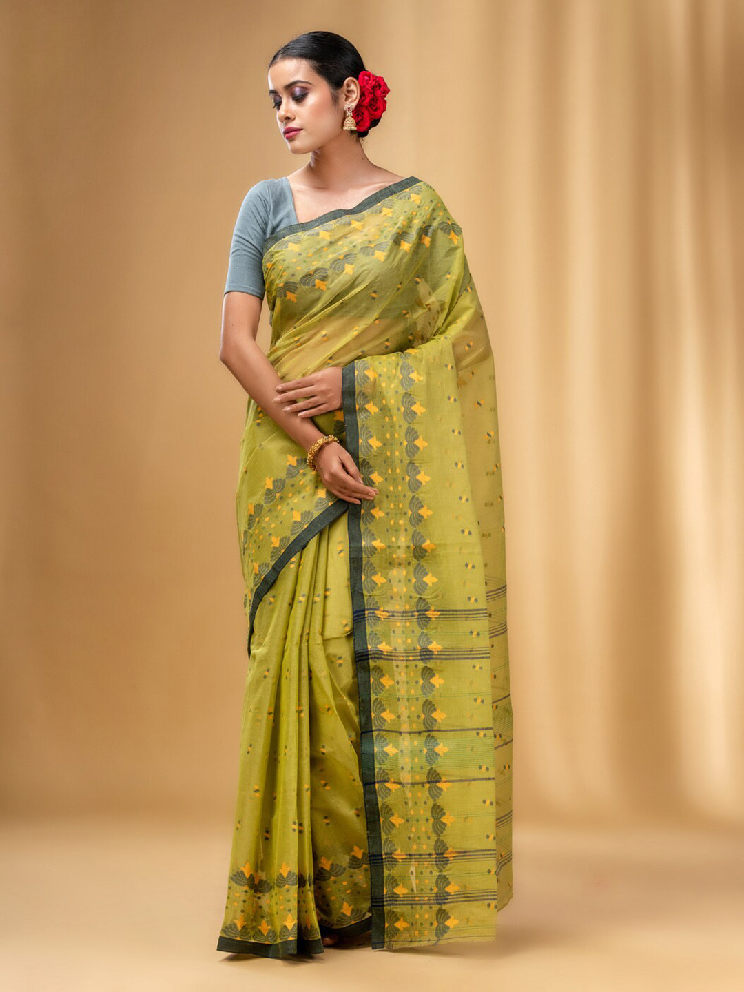 

Charukriti Ethnic Motifs Woven Design Pure Cotton Taant Saree, Green