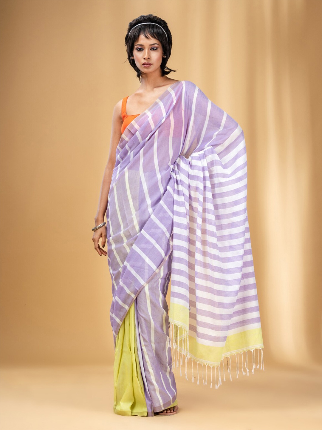 

Charukriti Striped Pure Cotton Half and Half Saree, Lavender