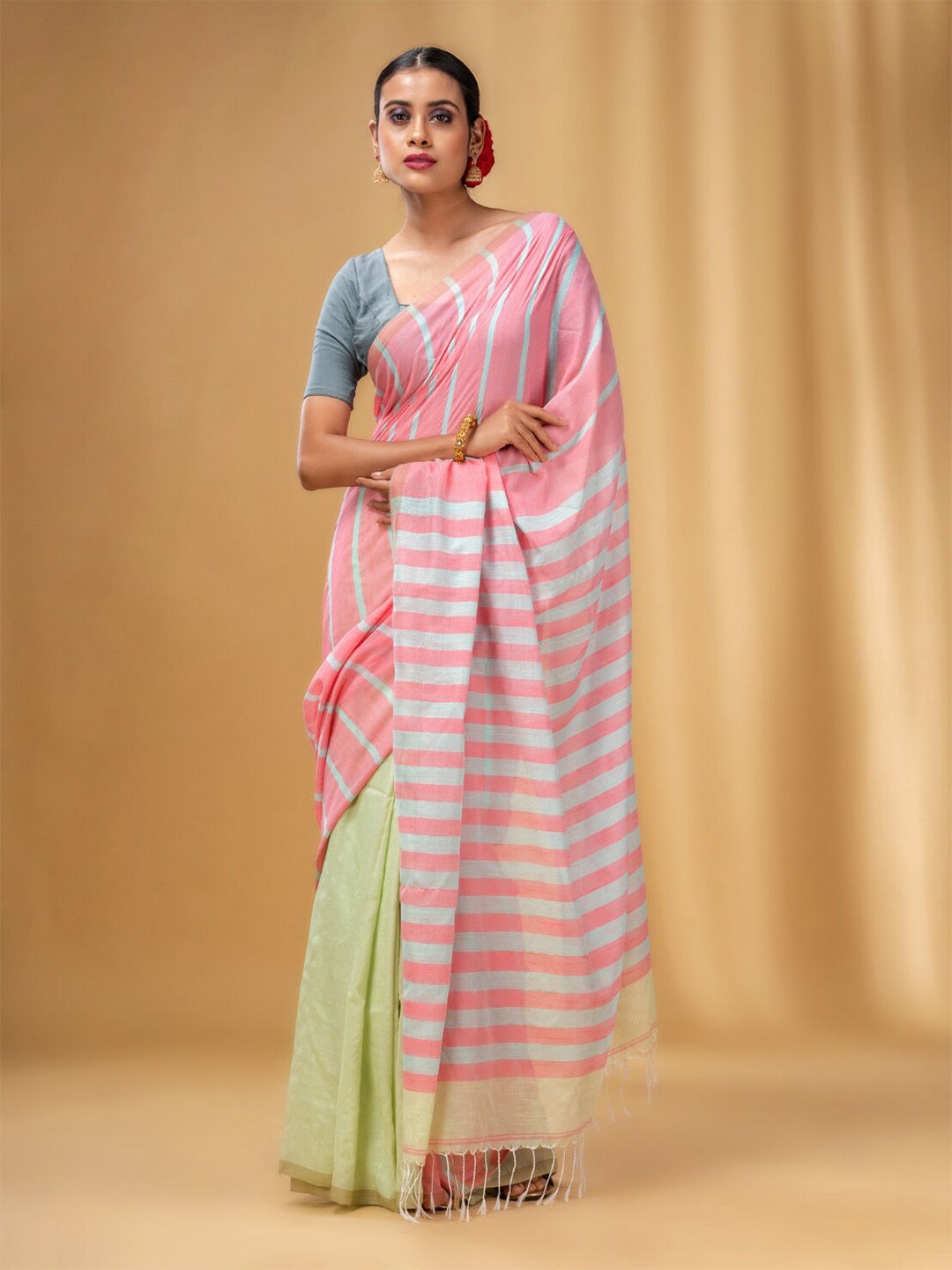 

Charukriti Striped Pure Cotton Saree, Pink