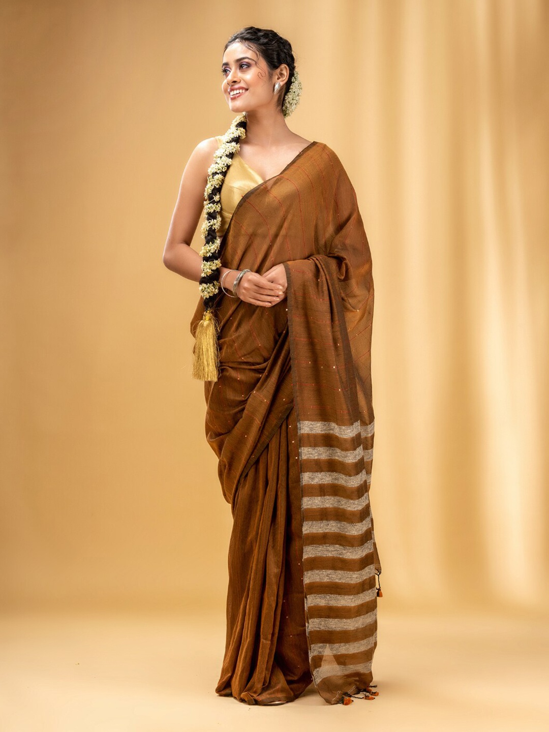 

Charukriti Striped Sequinned Pure Cotton Saree, Brown